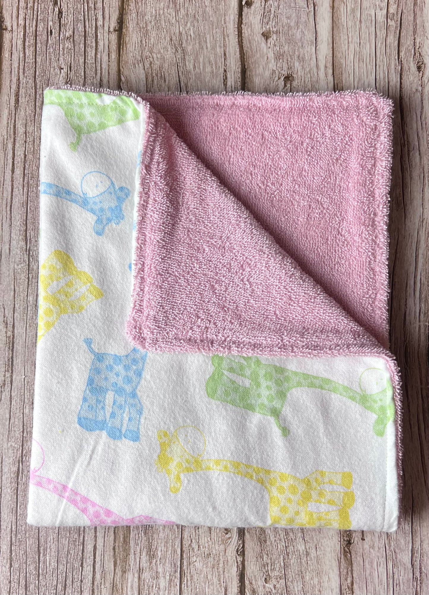 Green & Blue Giraffes w/Pink Terrycloth Burping Cloth